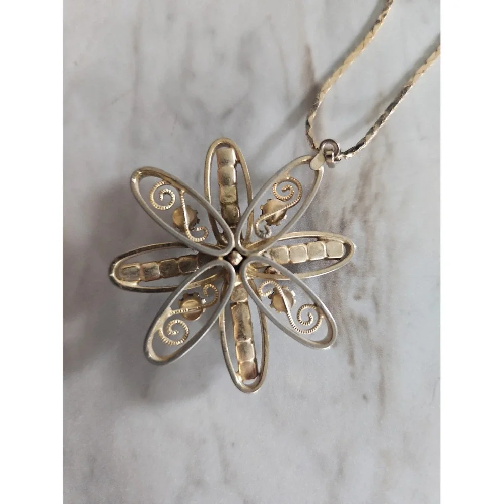Vintage Mid Century Floral Pendant Rhinestones White Glass Filagree Unmarked